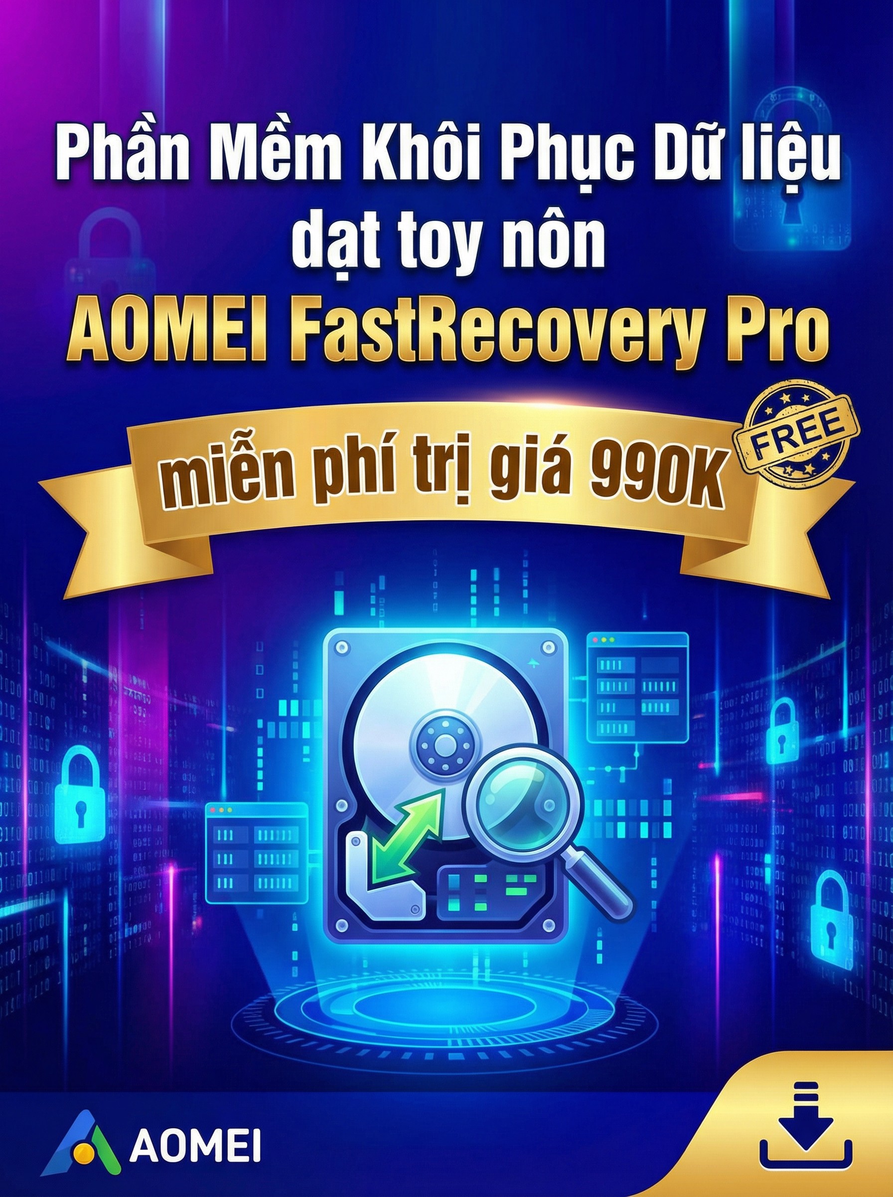 Tạo thumbnail về phần mềm này với text là: Phần Mềm Khôi Phục Dữ liệu AOMEI FastRecovery Pro miễn phí trị giá 990K